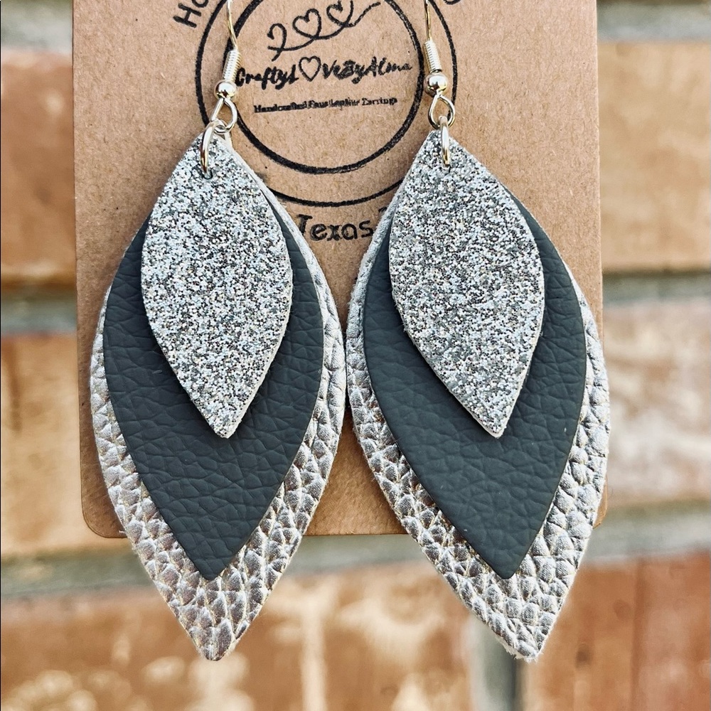Cute Triple Layers, Silver,
Grey & Sparkly Silver Dangle Faux Leather Earrings
